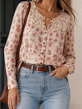 Guess Los Angeles Floral & Lace Button-Up Blouse